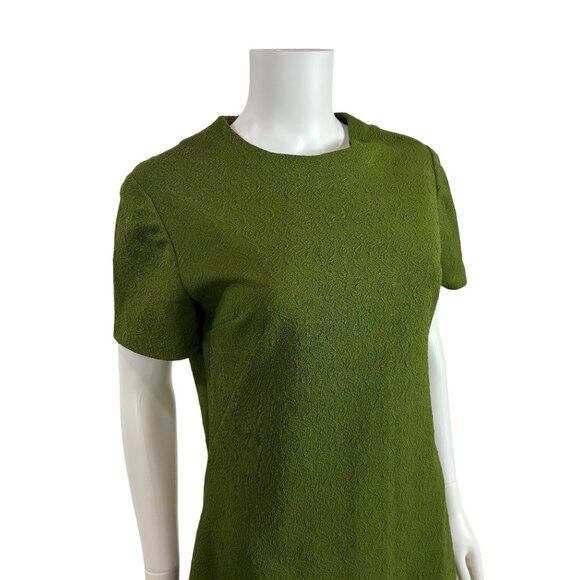Vintage 60s Babydoll Dress Womens Medium Mod Mini Textured Avocado Green Shift - Picture 6 of 11